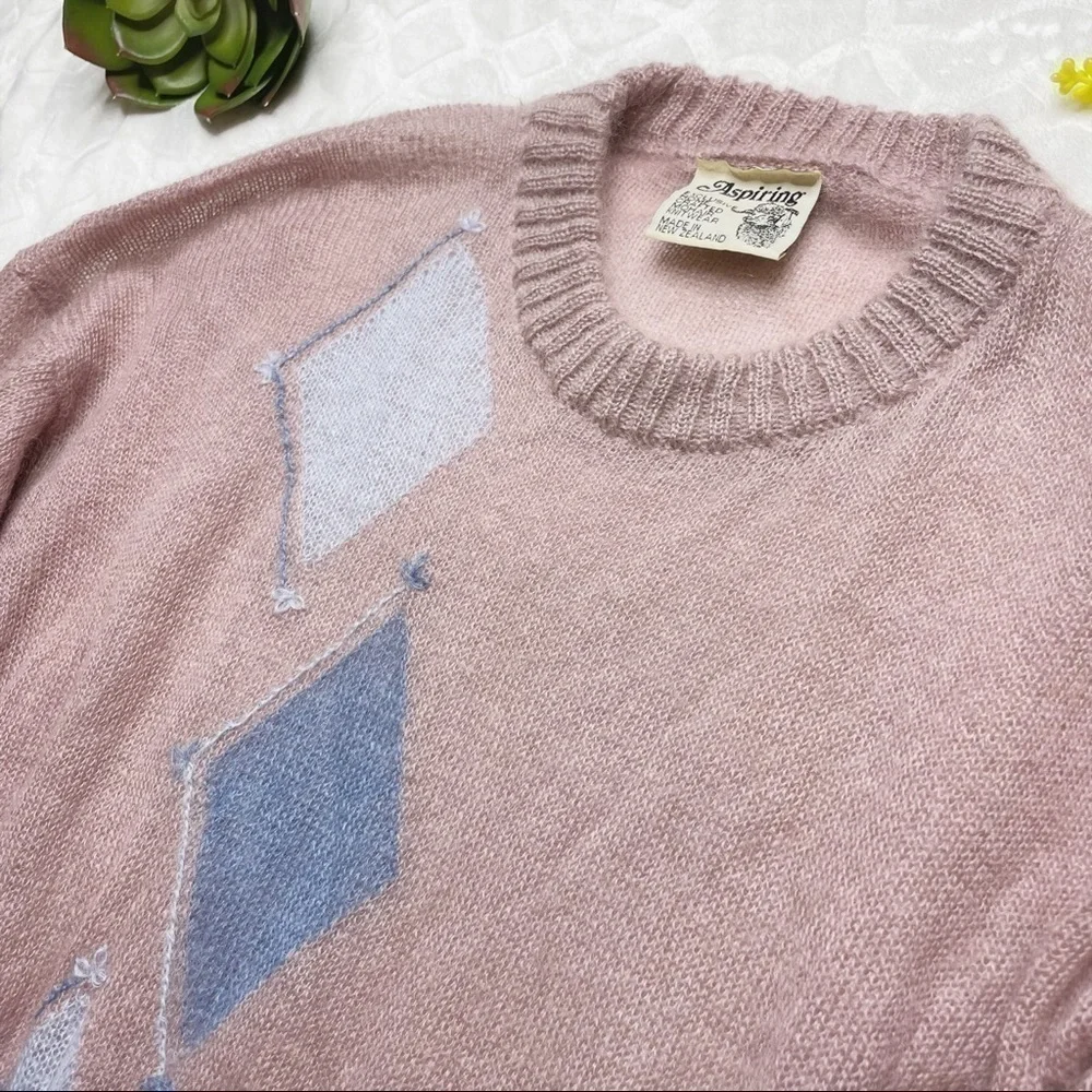 Vintage 80s Aspiring New Zealand Mohair Pullover Argyle Sweater Rapaki Mahana L